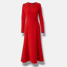 Carolina Herrera Women's Red Gathered Neck Long Sleeve Fit & Flare Midi Size 2