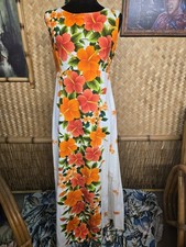 Vintage Ui-maikai Hawaiian Barkcloth Aloha Maxi Dress w1111