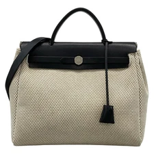 Auth HERMES Herbag PM - Cream Brown Black Toile GM Box Calf Square H Handbag