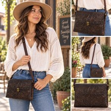 Mexican Tooled Leather Crossbody Bag Brown Floral Boho Western Purse New