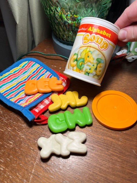 Vintage 1987 Fisher-Price Fun With Food Alphabet Soup Can with alphabet letters
