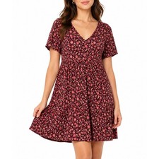Old Navy Burgundy Floral V Neck Short Sleeve Swing Dress Size Medium