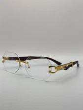 Rimless Hexagonal Eyeglasses: Gold Panther Wood Detail Designer Glasses