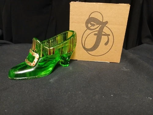 Fenton Green Glass Shoe Figurine Decorative Signed Swatton with Box
