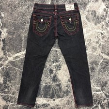 True Religion Jeans Mens 32x30 Geno Big T Flap Relaxed Slim Black Red Stitch