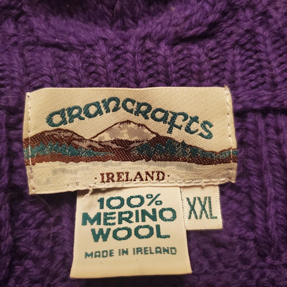 Cable Aran Crafts púrpura 100 % lana merino cremallera completa pescador hecho en Irlanda 2XX Foto 3 de 4