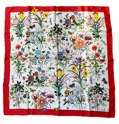Gucci Silk Satin Flora Accornero Scarf  Red Border Vintage 1960s-70s Grace Kelly