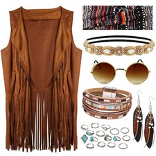 60s 70s Outfit Women Hippy Accessories Fringe Vest Clothes Disco Costume Set