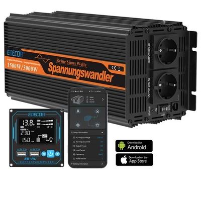 EDECOA Convertisseur 12V 220V Pur Sinus 1500W Onduleur 2X USB EB-RC Remote APP - Photo 1/4