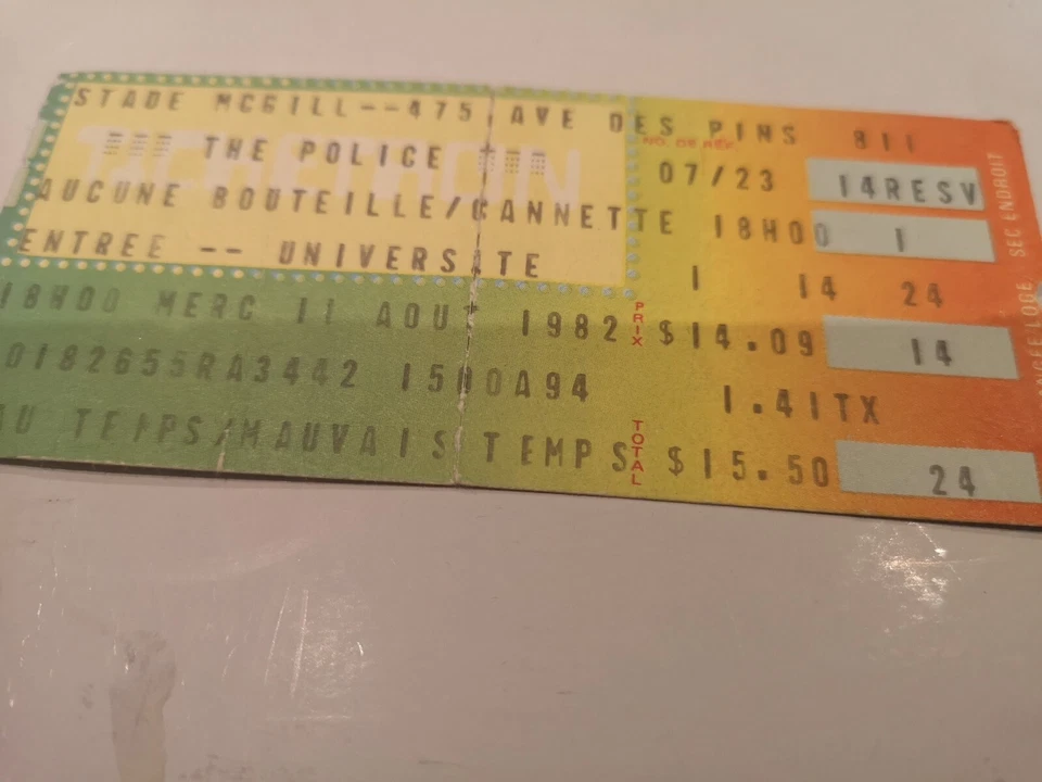 THE POLICE ORGINAL CONCERT TICKET STUB MONTREAL STADE MCGILL W/ CORBEAU ETC... - Image 4 of 4