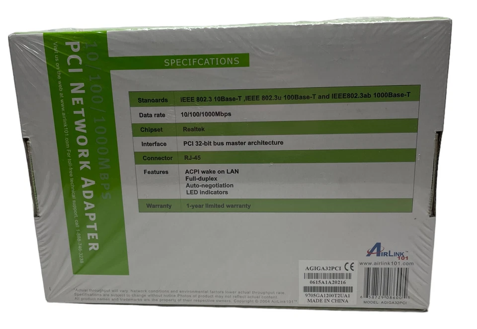 AirLink 101 Gigabit 10 / 100 / 1000 Mbps PCI 32 Bit Network Adapter NEW SEALED - Image 2 of 4