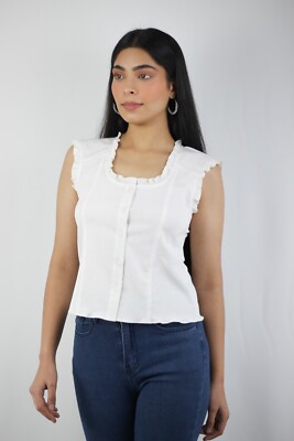 Artyska Women's White Button Down Sleeveless Trim Top With Frills