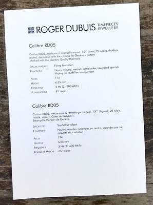 ROGER DUBUIS Kaliber RD05 Flying Tourbillon Prospekt Broschüre technische INFO OEM/