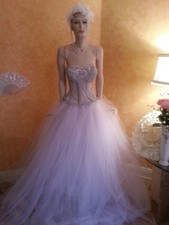 Victorian Style Crystal Sheer Boned White Silver Corset Tulle Wedding Ball Gown