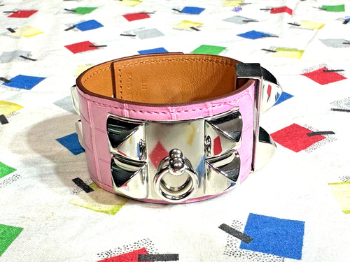 AUTH Hermes Collier De Chien Pink Matte Alligator Chrome Bracelet - NWOB