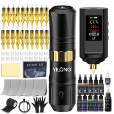 Tattoo Kit Complete Rotary Pen Machine with Led Power Supply Ink Needles Paper