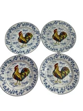 4 Home Essentials Porcelain Treasures 7.5" Plates Rooster French Country Blue 