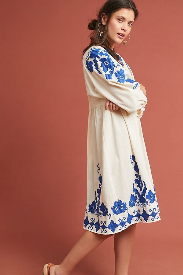 jora embroidered peasant dress NEW ANTHROPOLOGIE Jora Embroidered Peasant Dress Blue Stunning Velvet Small