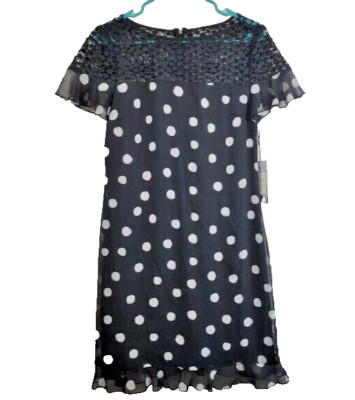 Karl Lagerfeld Womens Sheath Dress Size 4 Black White Polka Dot Lace Yoke Ruffle