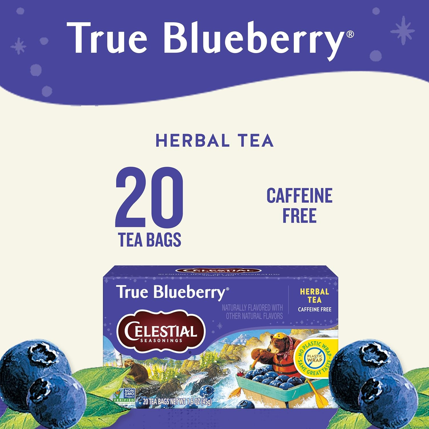 True Blueberry Herbal Tea, Caffeine Free, 20 Tea Bags Box (Pack of 6)