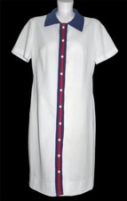 VTG "CITY SCENE" Red Off-White Navy Blue Dome Buttons Front Knit Dress Wm's L?