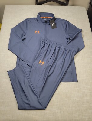 Under Armour Tracksuit Jacket & Pants Set Medium Mens Gray Orange Zip Slim Fit