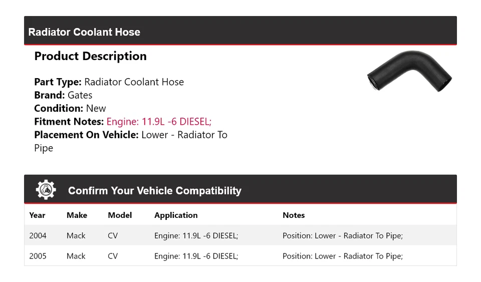 Manguera de refrigerante inferior para radiador Mack CV 2004-2005 - puertas de radiador a tubería Foto 2 de 4