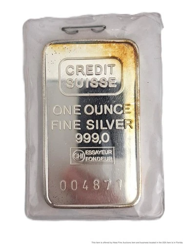 Credit Suisse One Ounce Fine Silver Bar 999 004871 Certified Assayer Signature