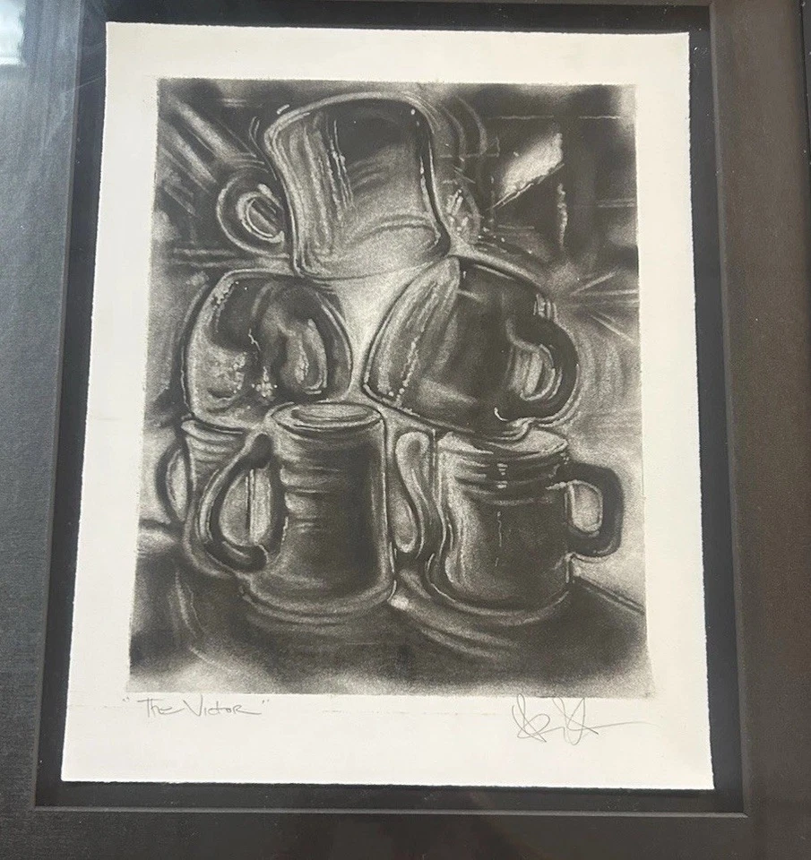 Vtg Charcoal Art wall “The Victor" signed 20x18 ORIGINAL Framed Modernist Cups - image 2 of 4