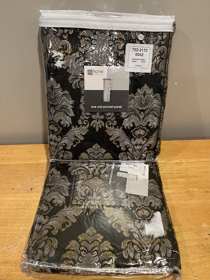 "Par floral negro JCPenney Home Onyx Mayfair Rod panel de bolsillo cortinas 54 X 84""" Foto 2 de 4
