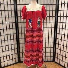 VTG Ecuadorian Folk Art Red Embroidered People Crochet Festival Boho Dress