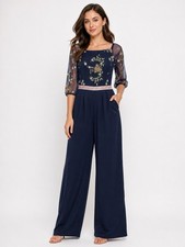 Asos Little Mistress 4Tall Embroidered Navy Wide Leg Jumpsuit Romantic Formal