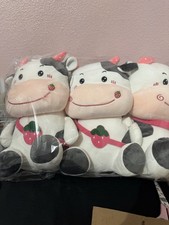Medium Strawberry Cow Plush Stuffed Animal Toy Set, White Black Pink, 3-Pack
