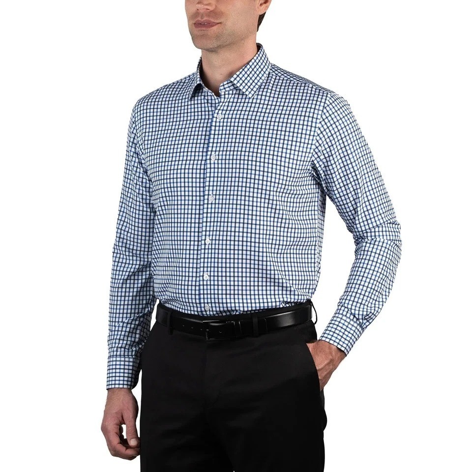 Nautica Men's L Performance Slim Fit Stretch Checkered Dress Shirt Blue  N0192 | eBay