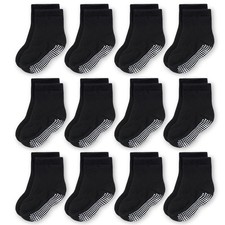 Non-Slip Crew Grip Socks Youth Black - 12 pair, 5-7 Years Old