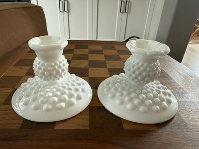 Vintage Set of 2 Fenton White Milk Glass Hobnail Candlestick Candle Holders