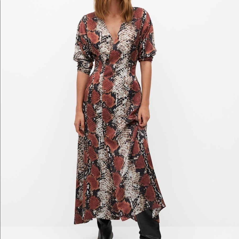 Mango Snake Print Midi Dress Dress Flowy Midi V-Neck Long Sleeves Size 4 NWT thumbnail 3