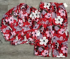 BP Satin Red Pajama Set Leopard Print Long Sleeve Button Shirt & Pants Women M