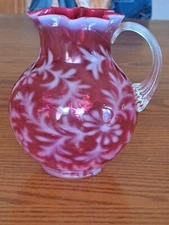 Fenton L.G. Wright Vtg Cranberry Daisy And Fern Blown Glass Clear Handle Pitcher