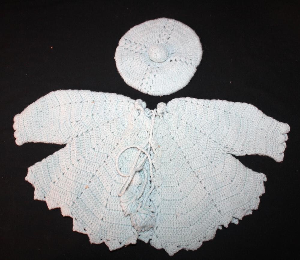 Vintage Baby Boy Girl Sweater & Hat Set Handmade Knit Light Blue ?36