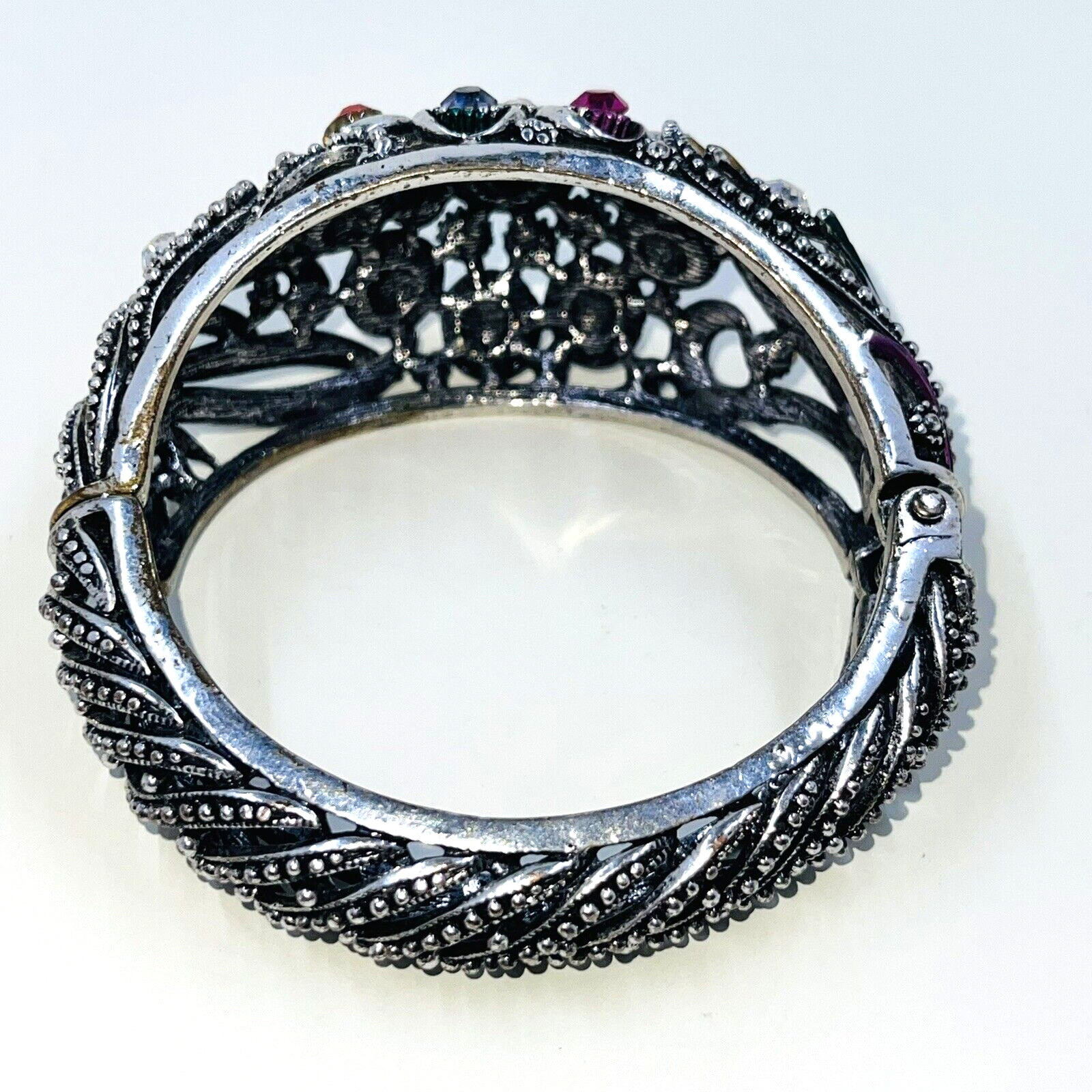 Rhinestone Hinged Bracelet Bangle Silvertone Red … - image 6