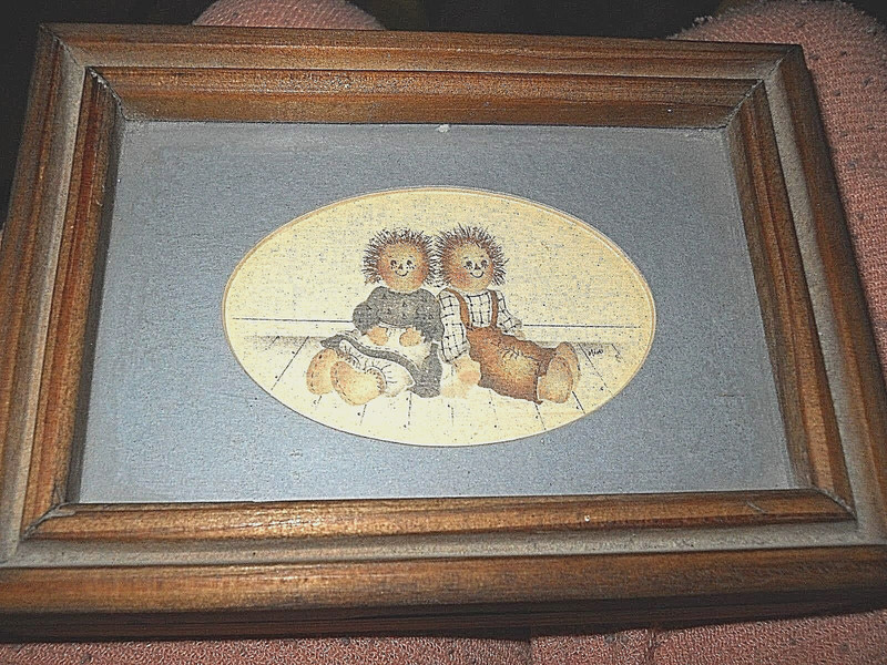 Lot Raggedy Ann & Andy Wooden Box  & wall hanging both signed Mimi.