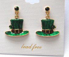 Irish Hat w Shamrock Dangling Post Earrings / Gold-tone / St. Patrick's Day