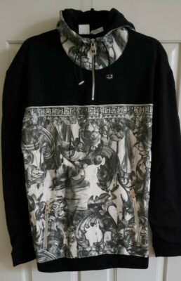 NWT Versace Collection Quarter Zip Baroque Hoodie Sweater Black Multi XXL $1,200