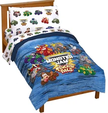 Jay Franco Monster Jam Truckin' Pals 4 Piece Toddler Bed Set - Includes Comforte