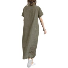 Women Short Sleeve Casual Dress Solid Button Loose Vintage Style Daily Summer
