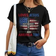 American Flag Loves Jesus God Christian T-Shirt Women 4th Of July Patriotic Top