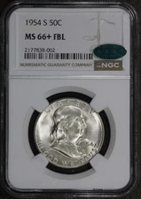 1954-S (MS66+ FBL CAC) Franklin Half Dollar 50C NGC - Blast White