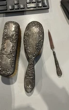 (MISSING GLASS )Antique Victorian Sterling Silver Flowers Roses Repousse Vanity