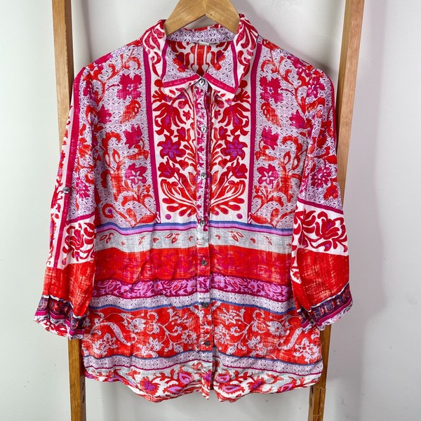 Orientique Button Up Shirt Womens 10 Red & Pink Paisley Long Sleeve Rayon Boho